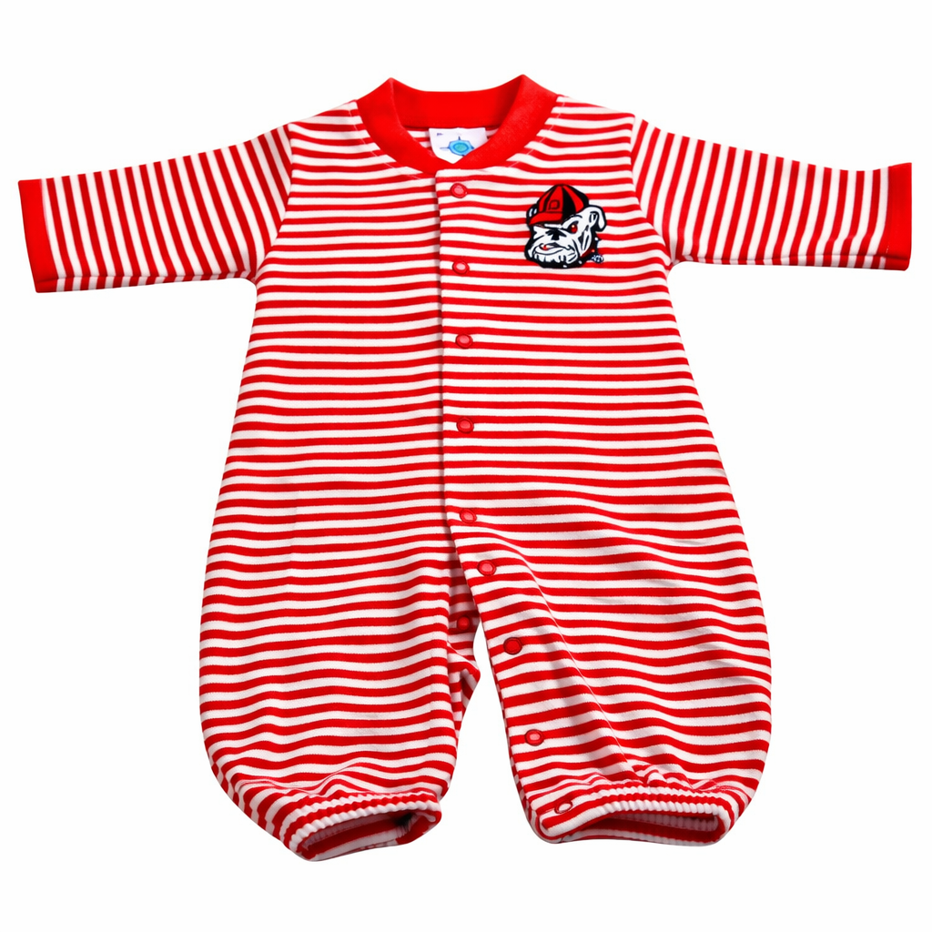 Red and white striped baby romper with a logo on a white background