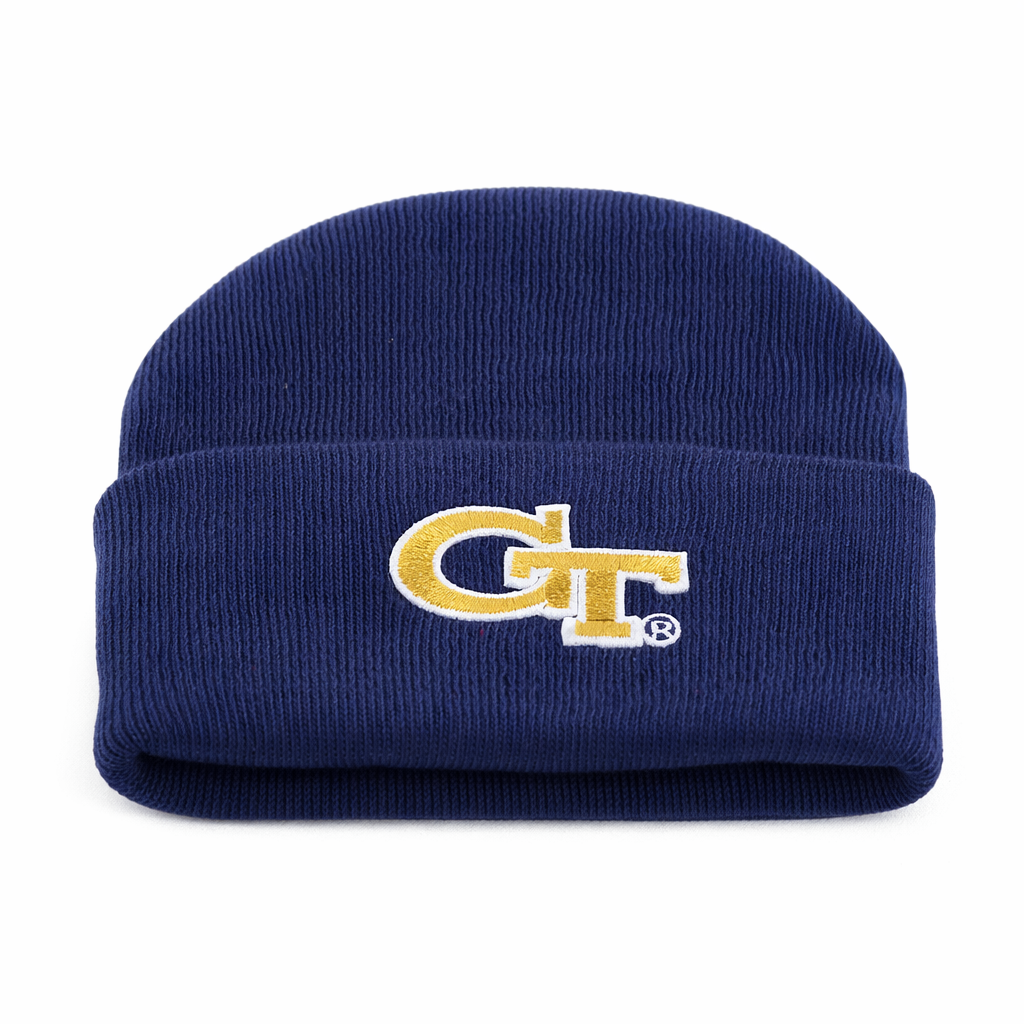Navy blue beanie with GT logo on a white background