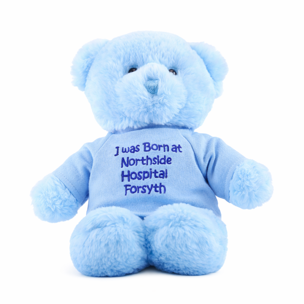 Blue teddy bear with text on a white background