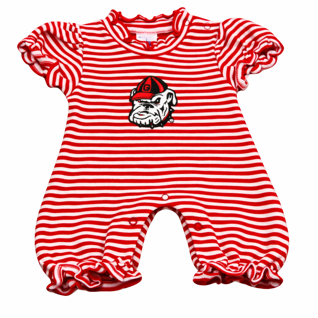 Red and white striped baby romper with a bulldog logo on a white background