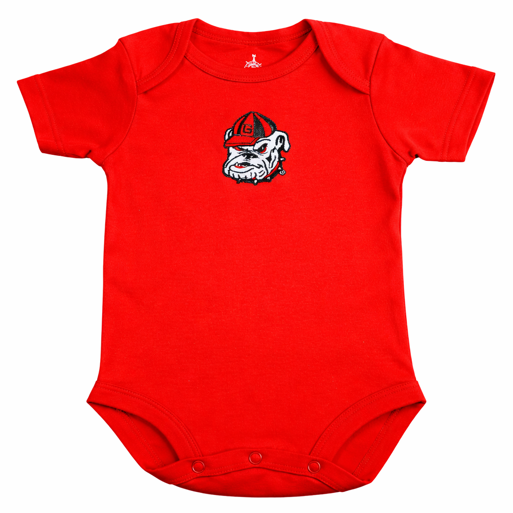 Red baby onesie with a bulldog logo on a white background