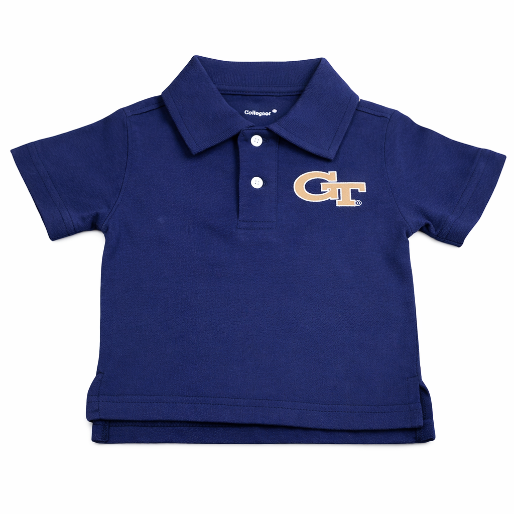 Blue polo shirt with a logo on a white background