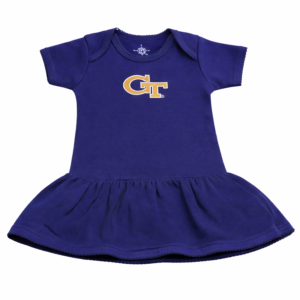 Blue dress with a logo on a white background