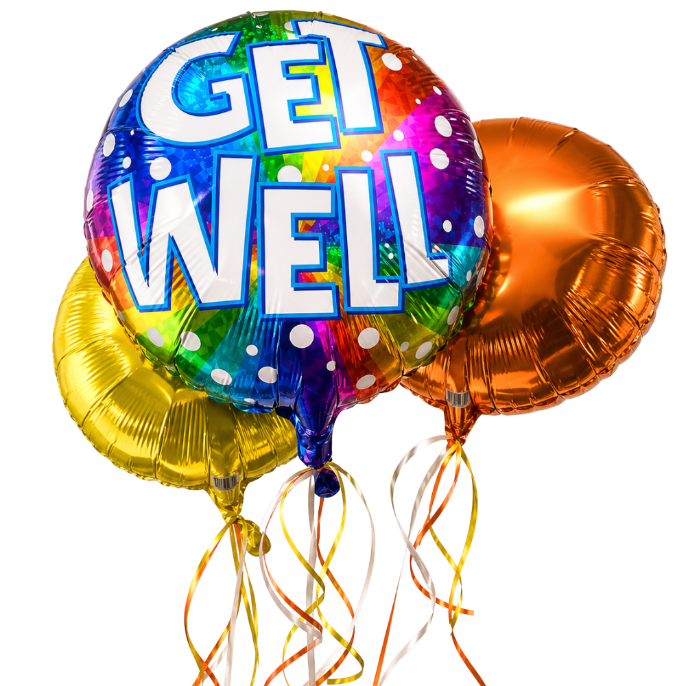 Colorful 'Get Well' balloons on a white background