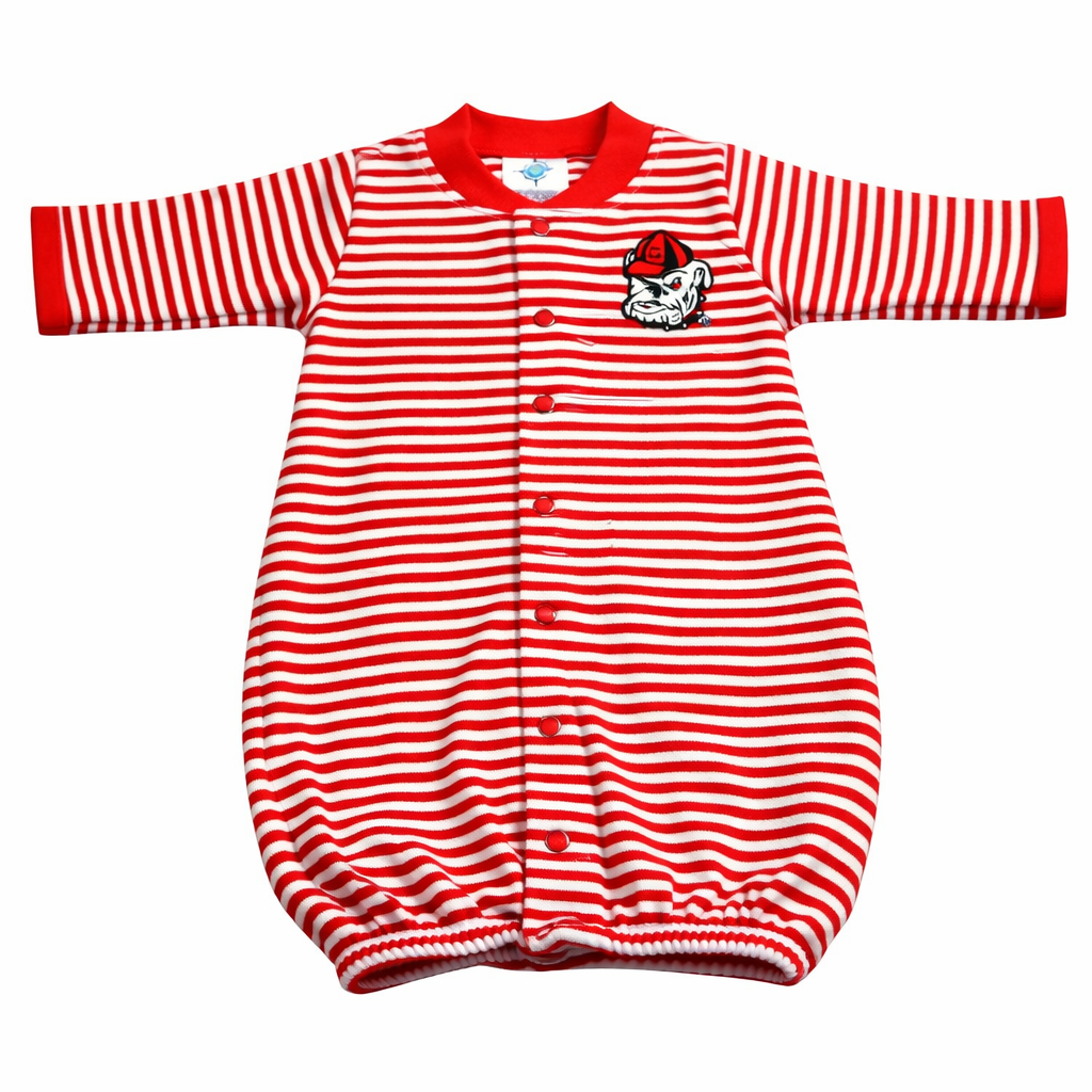 Red and white striped baby onesie with a cartoon character on a white background