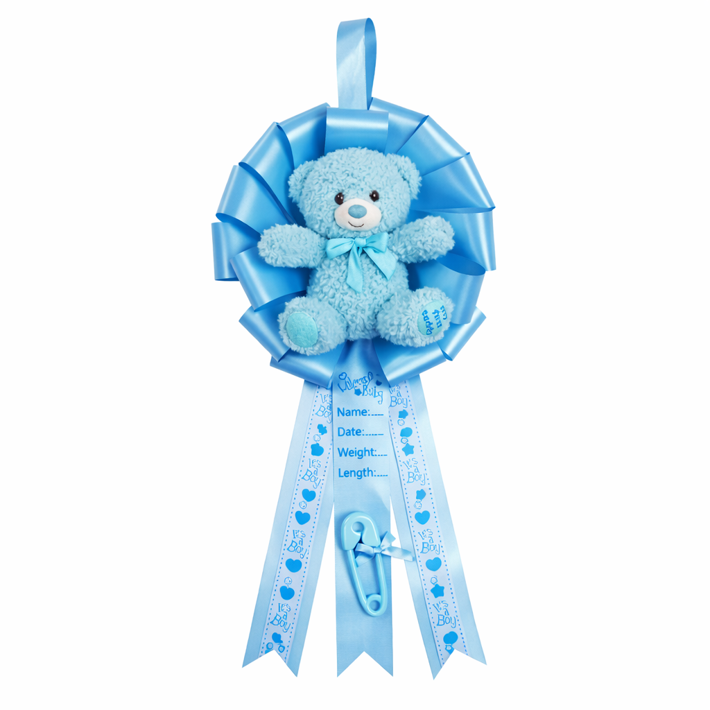Blue teddy bear with a large blue bow and baby announcement ribbon on a white background