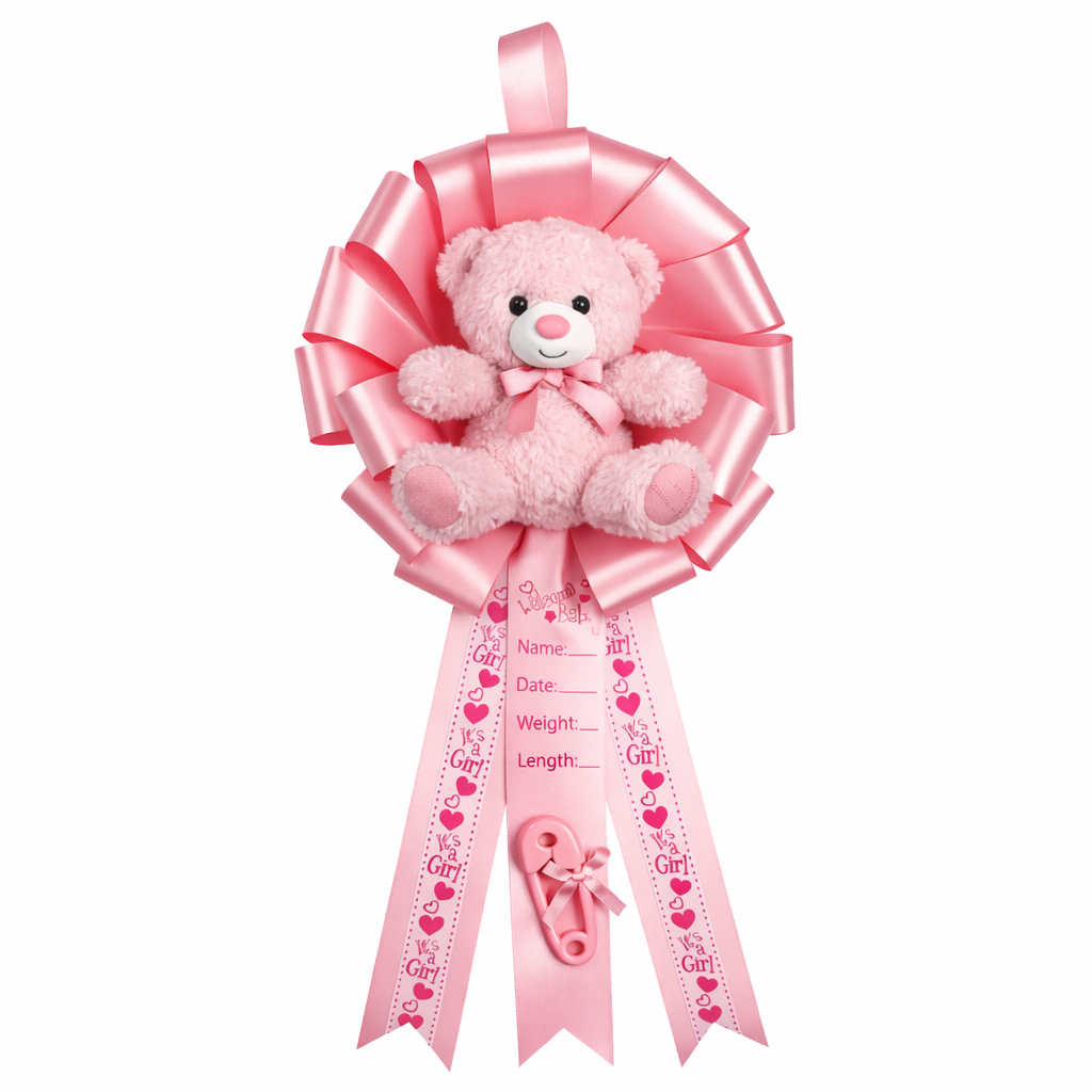 Pink teddy bear with a large pink bow and baby announcement ribbon on a white background