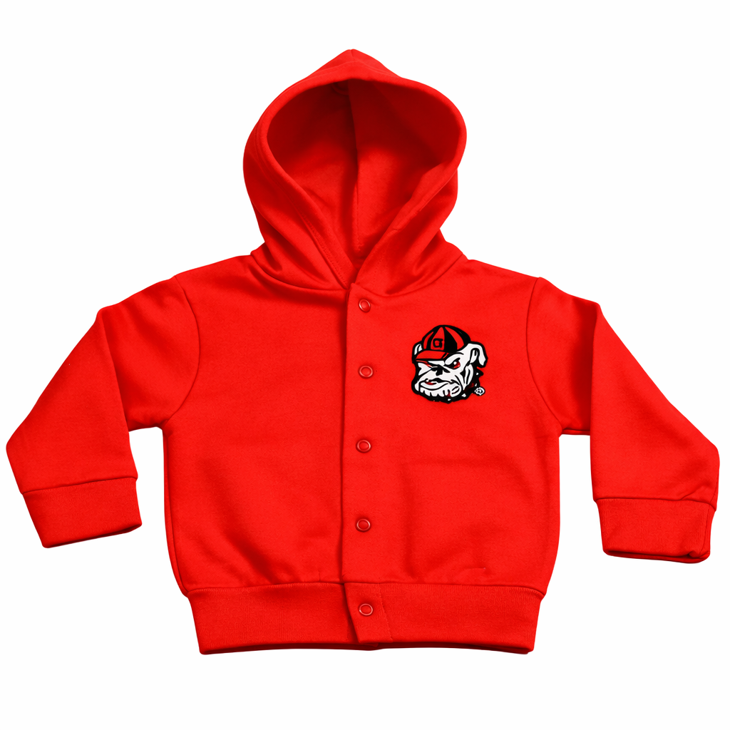 Red children's hoodie with a logo on the chest against a white background