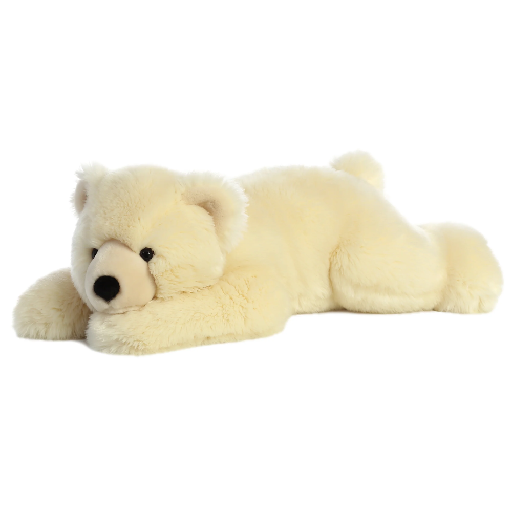 A plush toy resembling a lying down white bear which appears to be a teddy bear made of soft material.