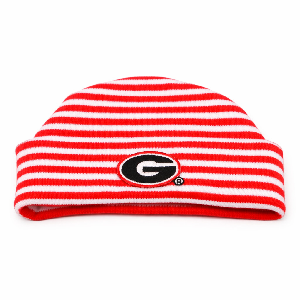 Red and white striped beanie with a logo on a white background