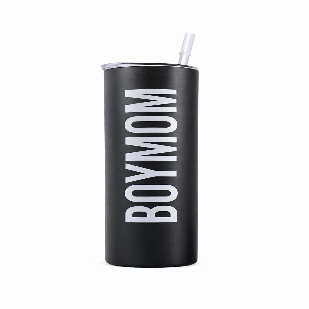 Black tumbler with 'BOY MOM' text on a white background