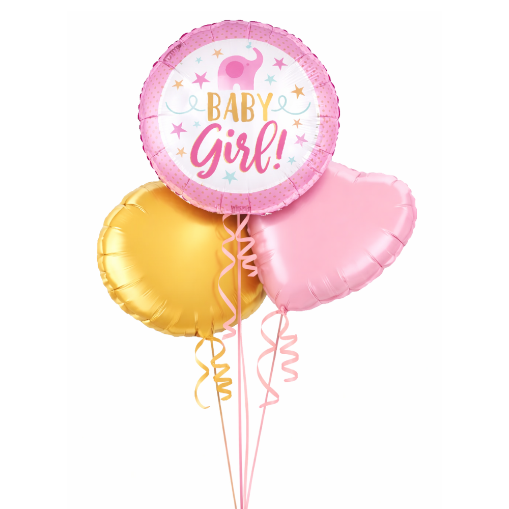 Three balloons with 'Baby Girl!' text on a white background