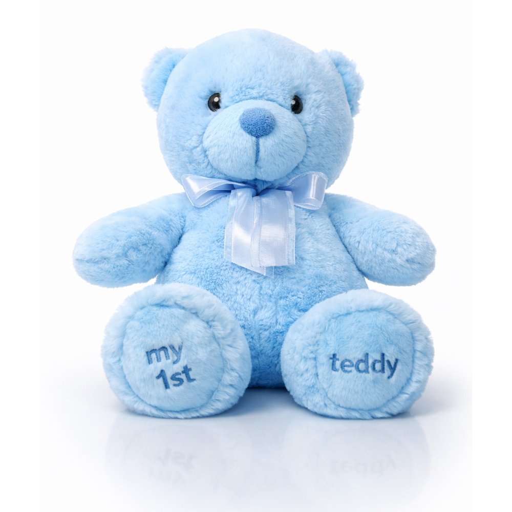 Blue teddy bear with a white bow, sitting on a white background