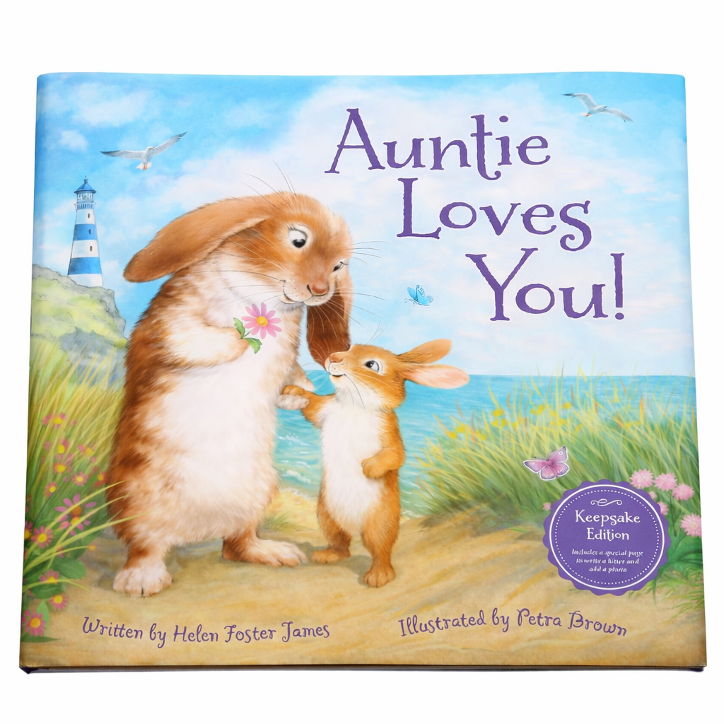 Book cover of 'Auntie Loves You!' with two rabbits and a lighthouse on a beach.