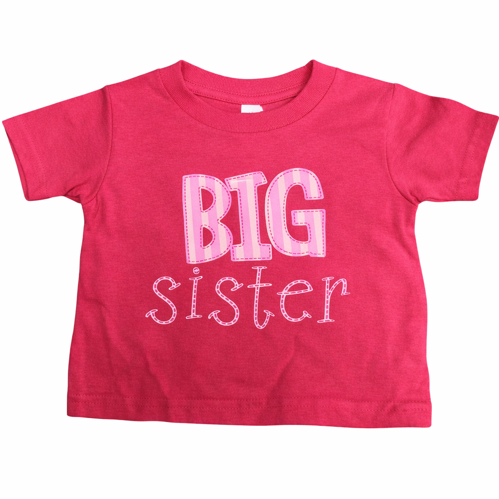 Red t-shirt with 'BIG sister' text on a white background