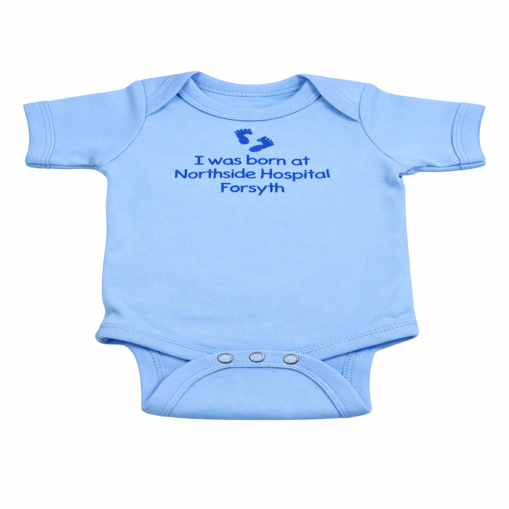Blue baby onesie with text on a white background