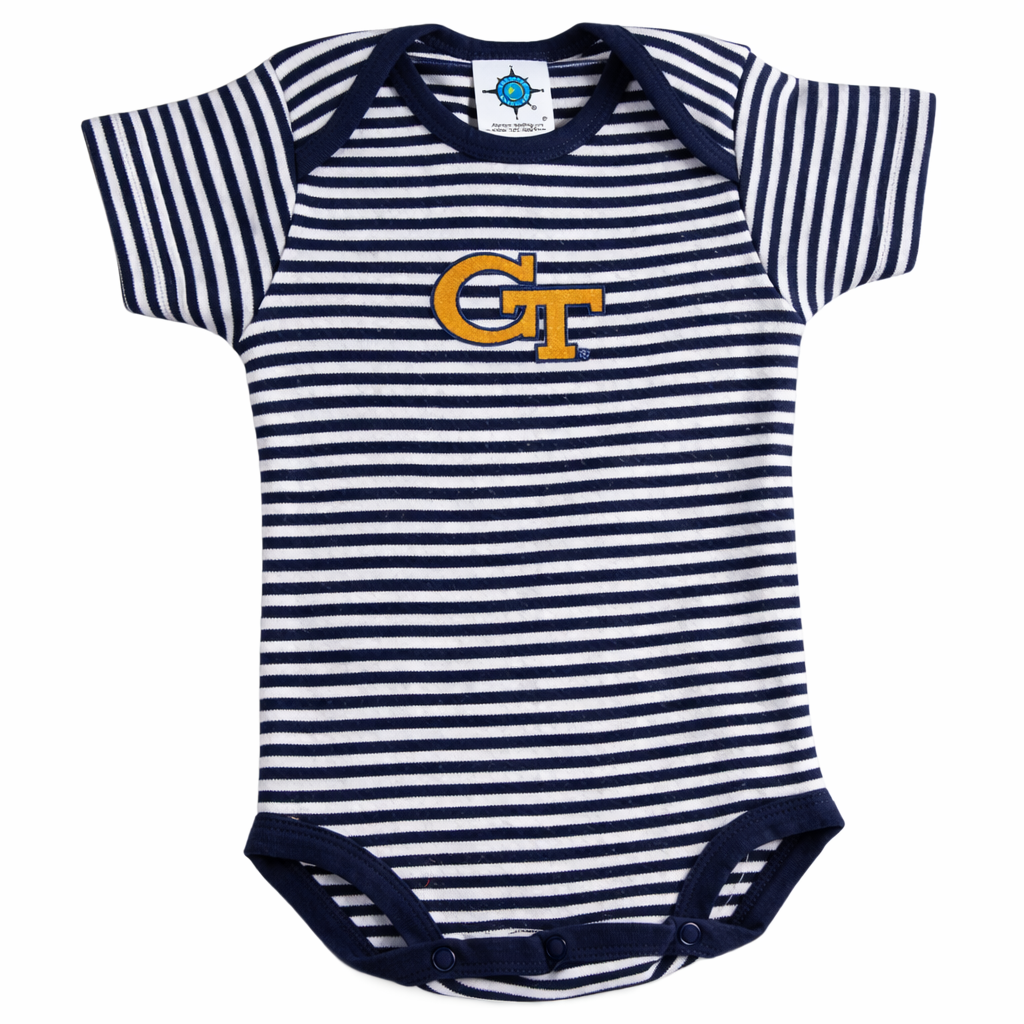 Navy and white striped baby onesie with a logo on a white background