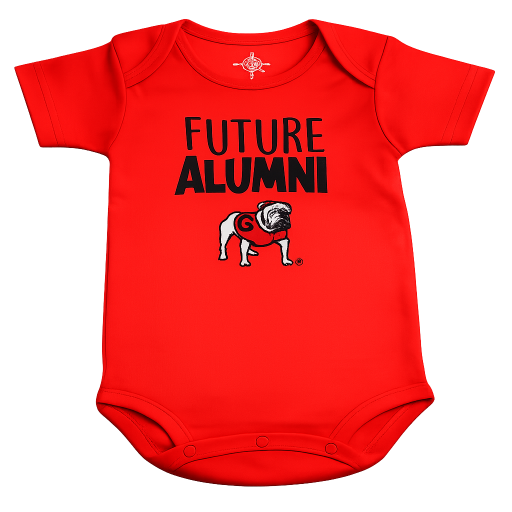 Red baby onesie with 'Future Alumni' text and bulldog logo on a white background