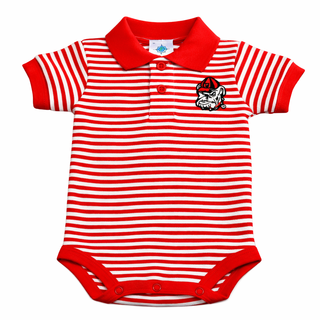 Red and white striped baby romper with a logo on a white background