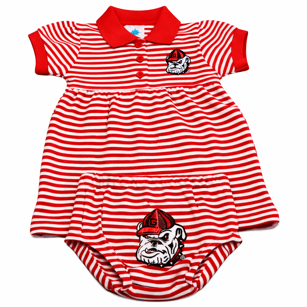 Red and white striped baby romper with bulldog logo on a white background