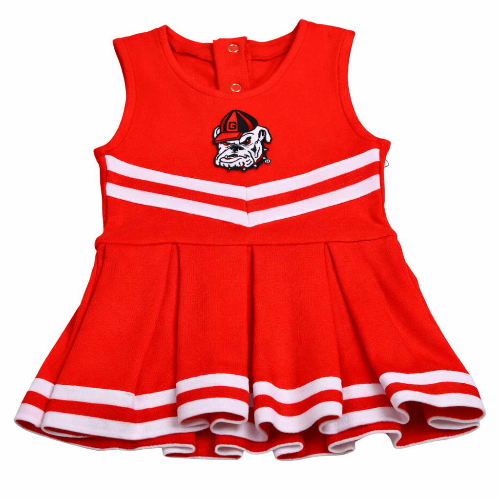 Red dress with white stripes and bulldog logo on a white background