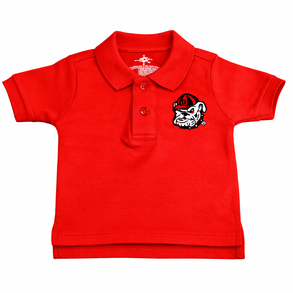 Red polo shirt with a bulldog logo on a white background