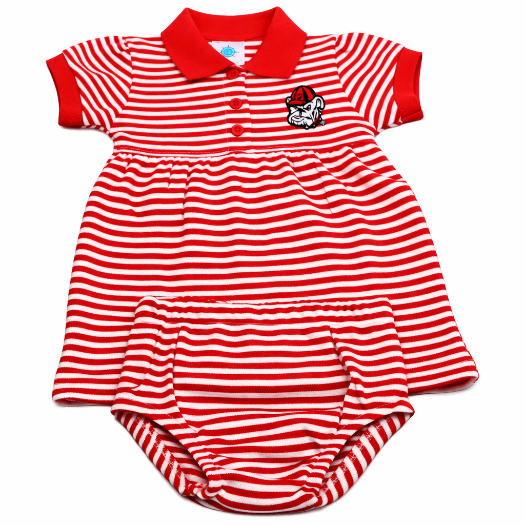Red and white striped baby romper with a collar on a white background