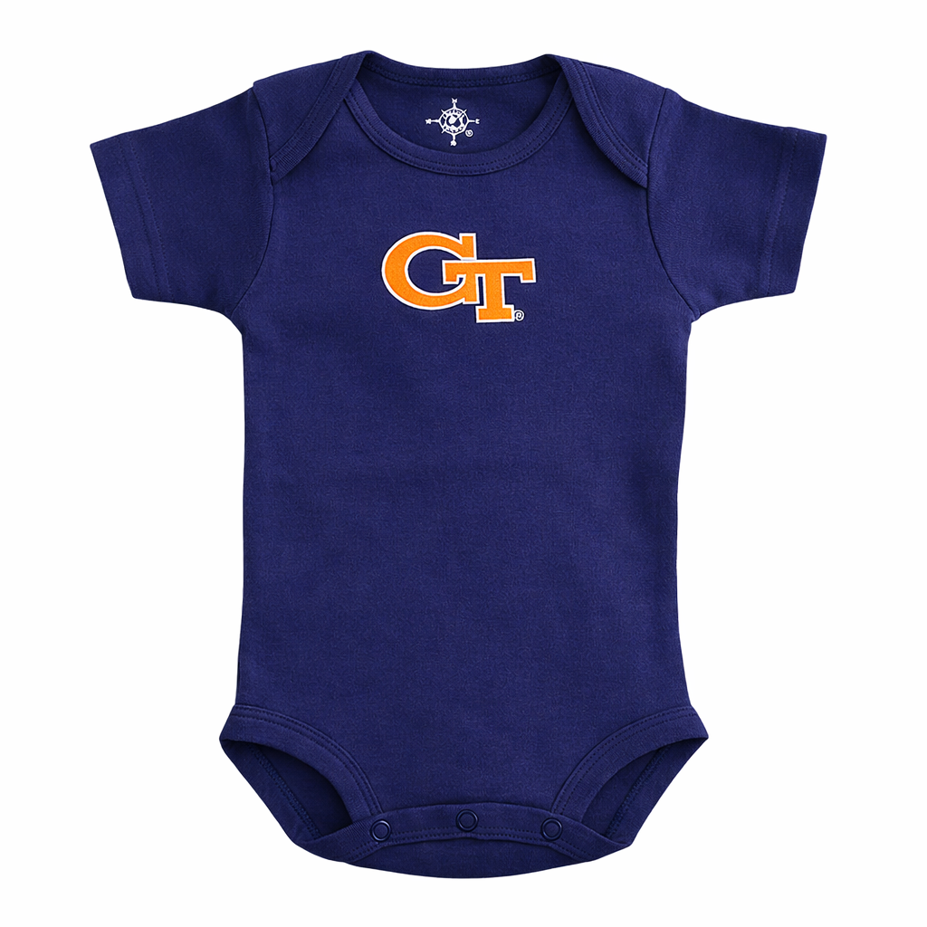 Navy blue baby onesie with orange and white logo on a white background