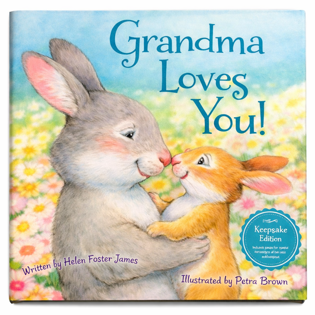 Book cover of 'Grandma Loves You!' with two rabbits on a floral background