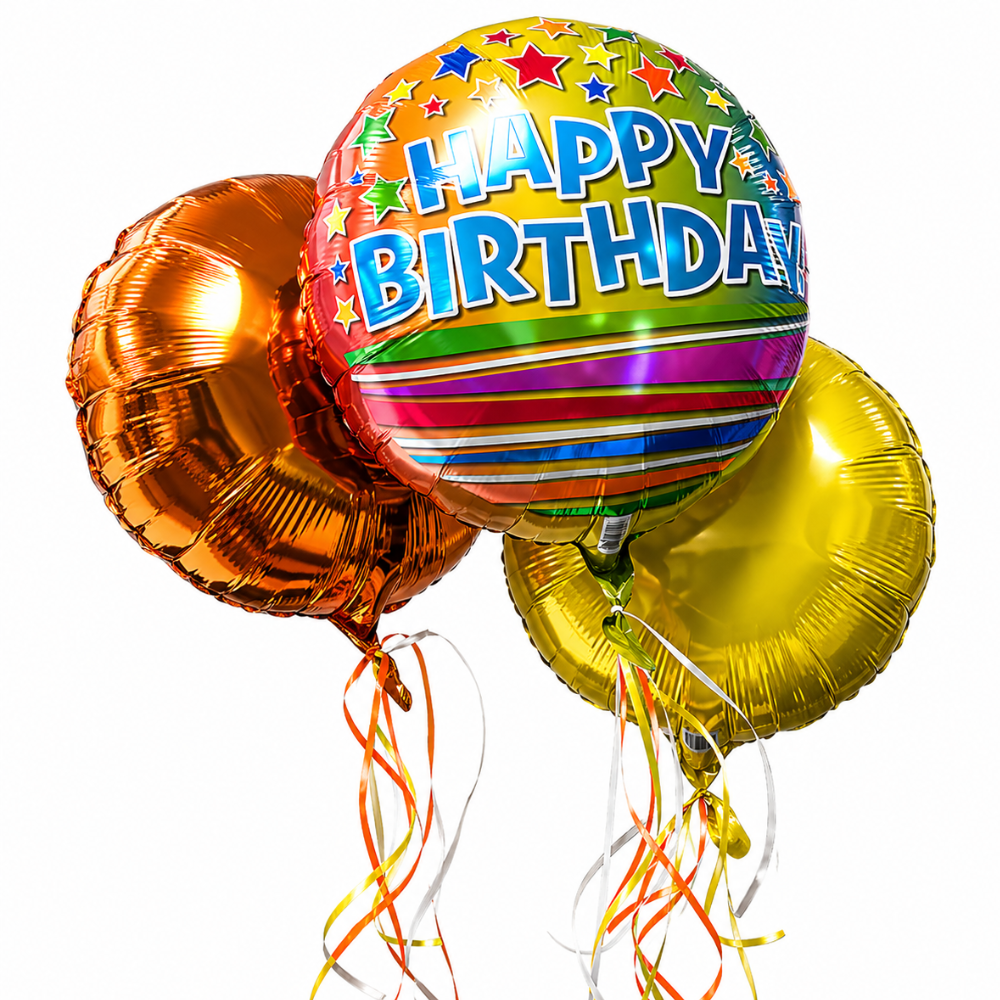 Three colorful birthday balloons with 'Happy Birthday' text on a white background