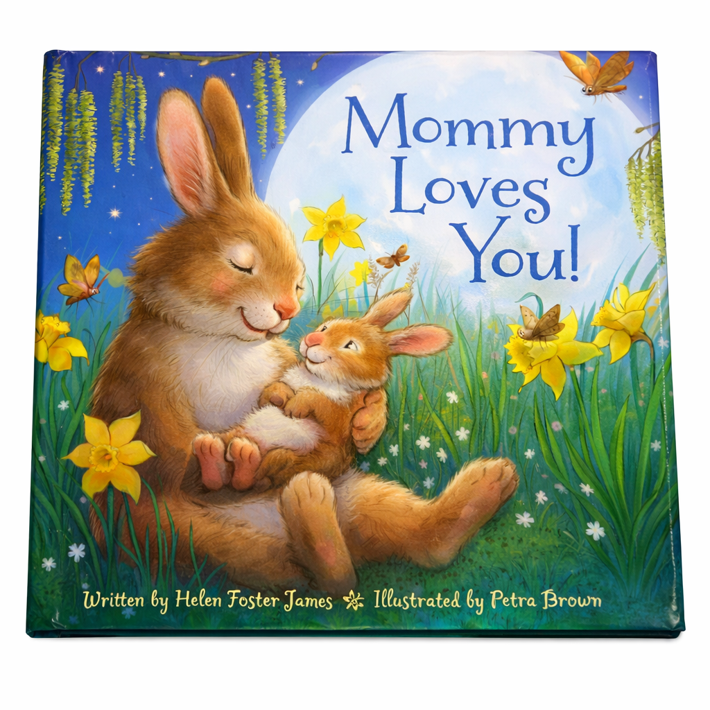 Book cover of 'Mommy Loves You!' with two rabbits in a garden setting.