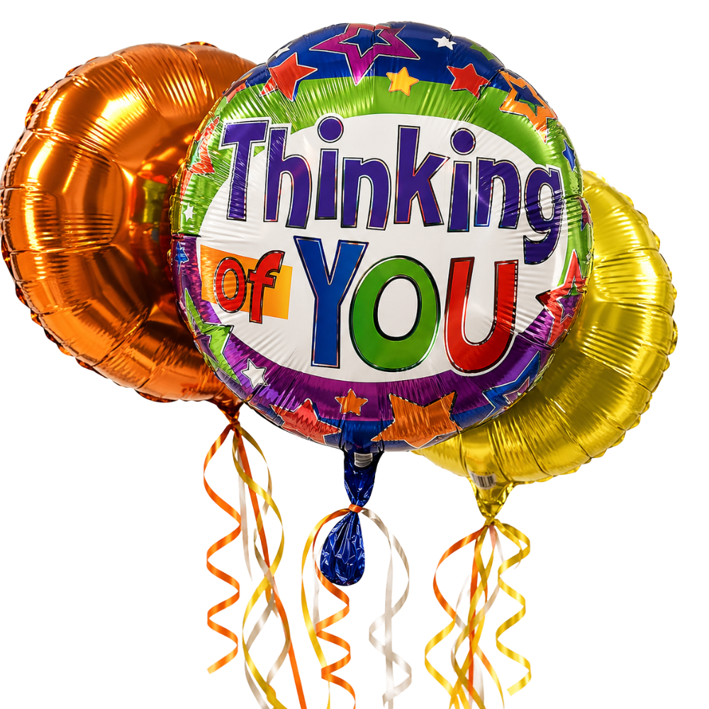 Colorful 'Thinking of You' balloon with orange and gold balloons on a white background