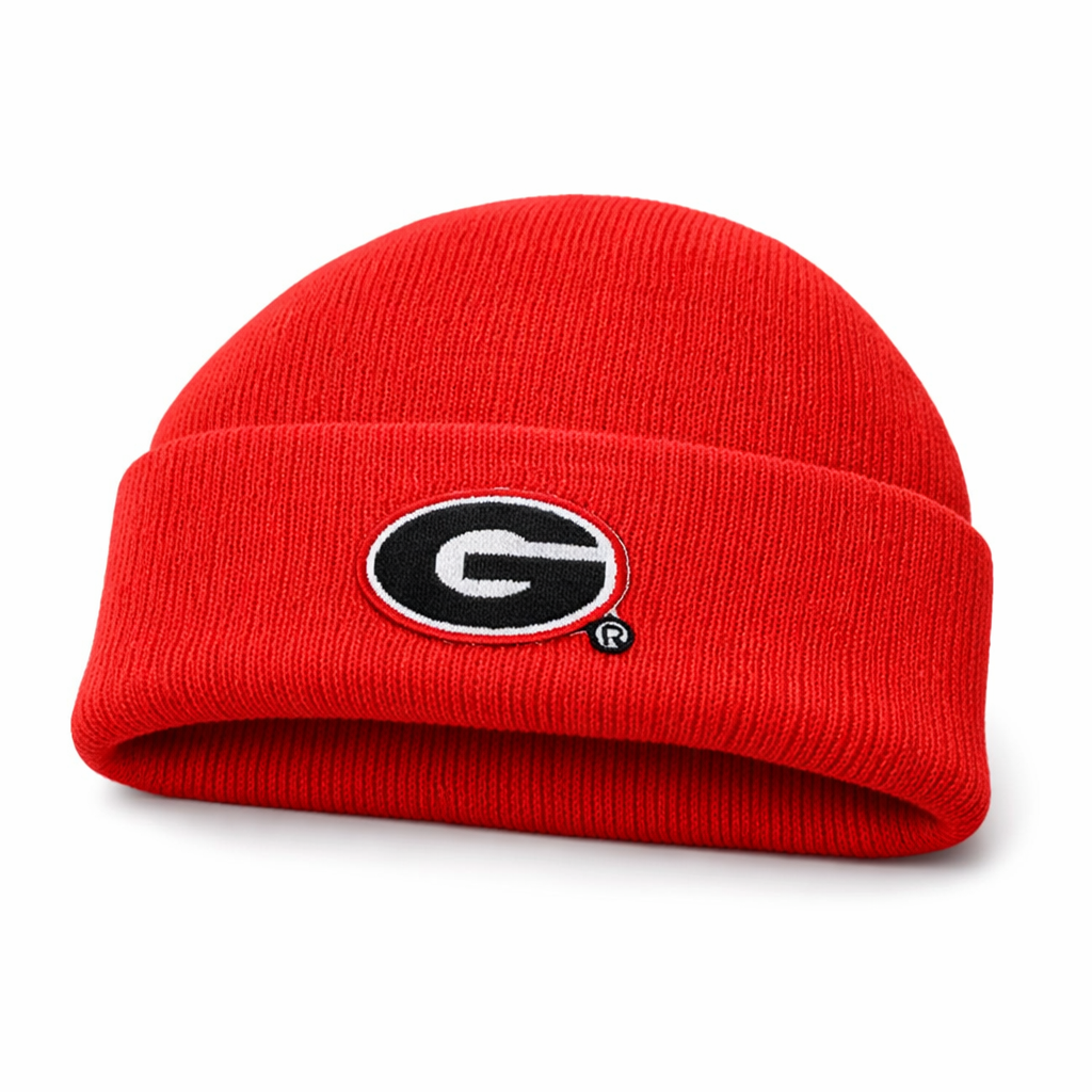 Red beanie with a logo on a white background