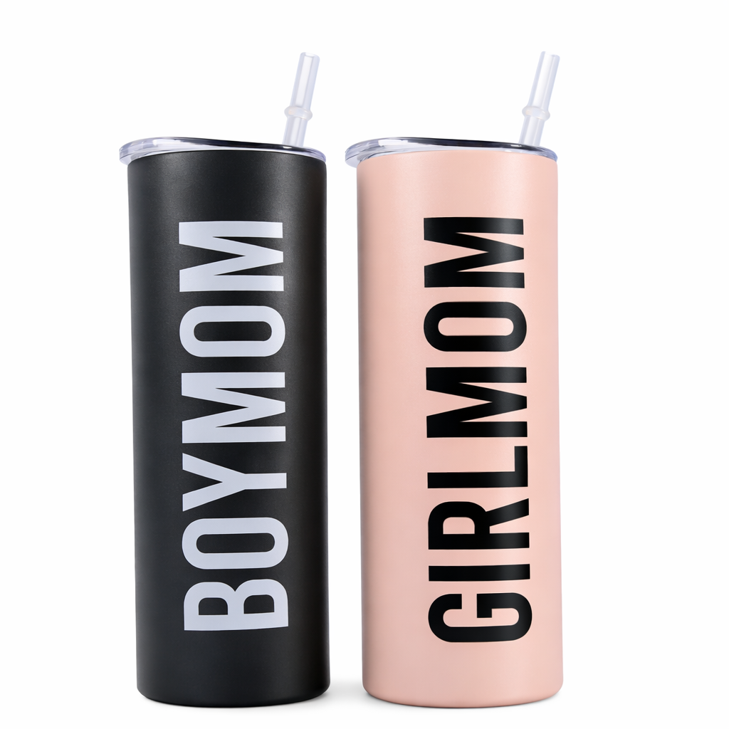Two tumblers, one black with 'BOY MOM' and one pink with 'GIRL MOM', on a white background.