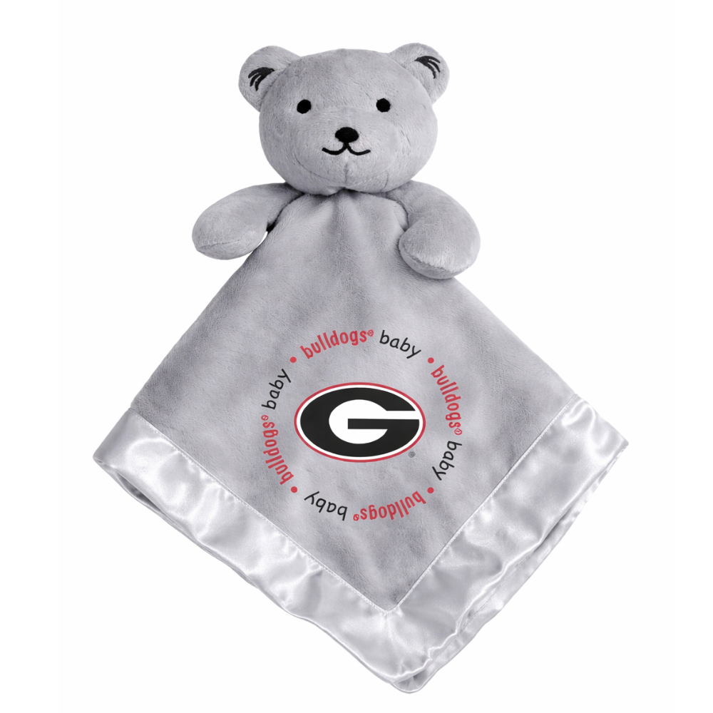 Gray teddy bear security blanket with ' bulldogs baby ' text and logo on a white background