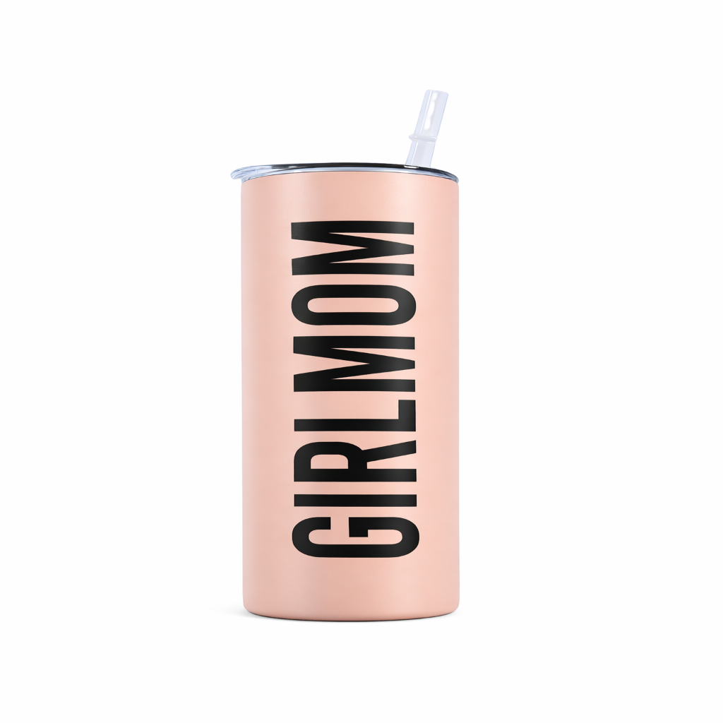 Pink tumbler with 'GIRL MOM' text on a white background