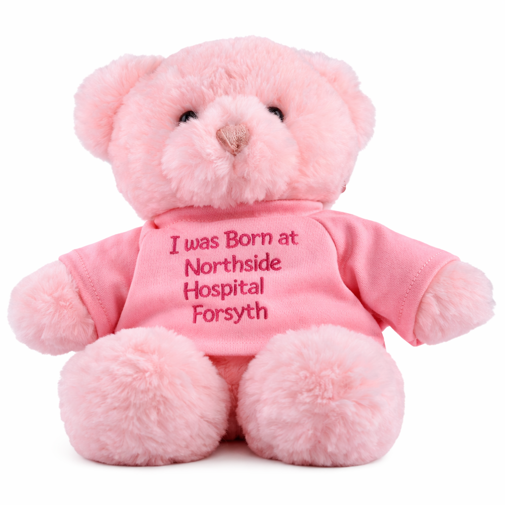 Pink teddy bear with text on a white background