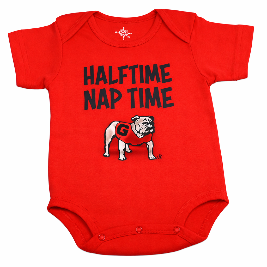 Red baby onesie with 'Halftime Nap Time' text and bulldog graphic on a white background