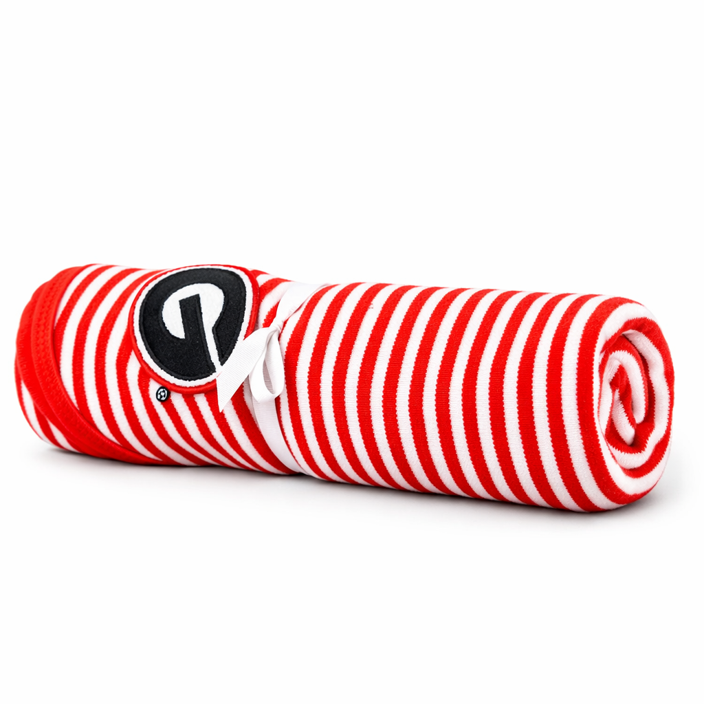 Red and white striped cylindrical object with a logo on a white background